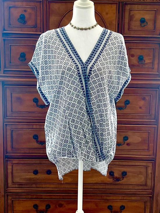 Max Studio Tops - Max Studio Blue and White Printed V-Neck Tunic